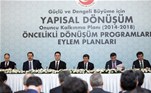 Başbakan Ahmet Davutoğlu ile Gençlik ve Spor Bakanı Akif Çağatay Kılıç, Onuncu Kalkınma Planı Öncelikli Dönüşüm Programları 3. Basın Toplantısına katıldı.